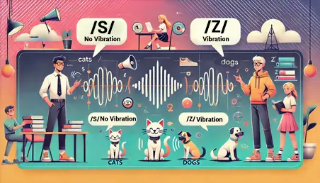 An Image explaining grammar rules of when to say S as /s/ or /z/ pronunciation with cats, dogs, and in a modern classroom