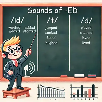 Learn -ed pronunciation: Chalkboard shows /ɪd/ (wanted, added), /t/ (jumped, fixed), /d/ (played, loved), with teacher tips.