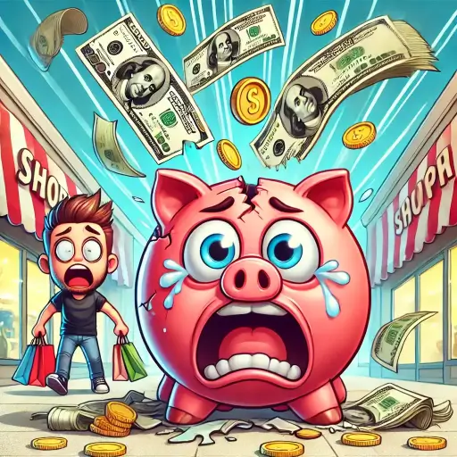 Cartoon of a piggy bank breaking open with dollar bills and coins flying out, while a shocked person with shopping bags looks on, symbolizing overspending and 'breaking the bank.