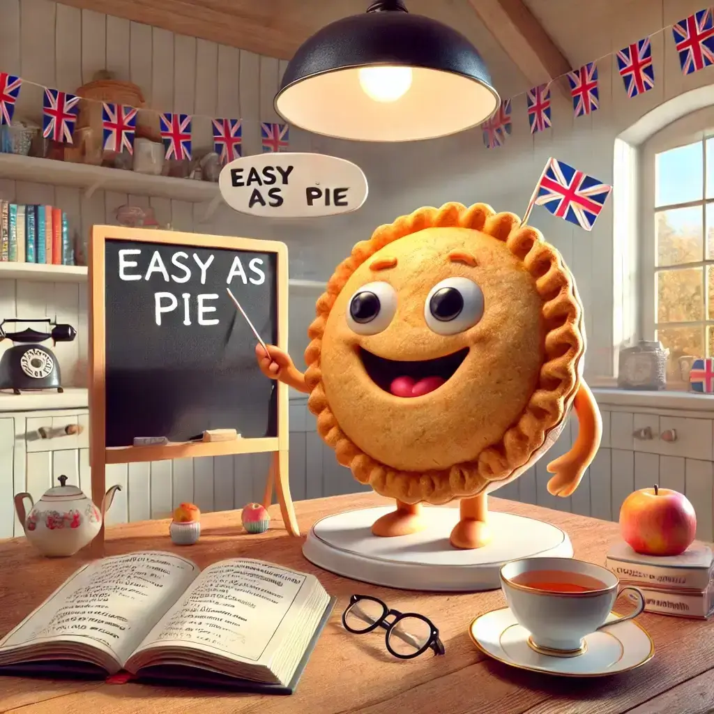 Comical scene of a pie teaching English grammar, symbolizing \'Easy as Pie\' in a cozy, sunlit kitchen.