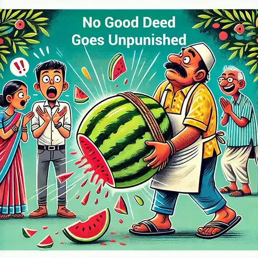 Funny cartoon of a person helping carry groceries, with a watermelon bursting open, capturing the humor and irony of the idiom 'no good deed goes unpunished' as onlookers laugh and cheer in the background.