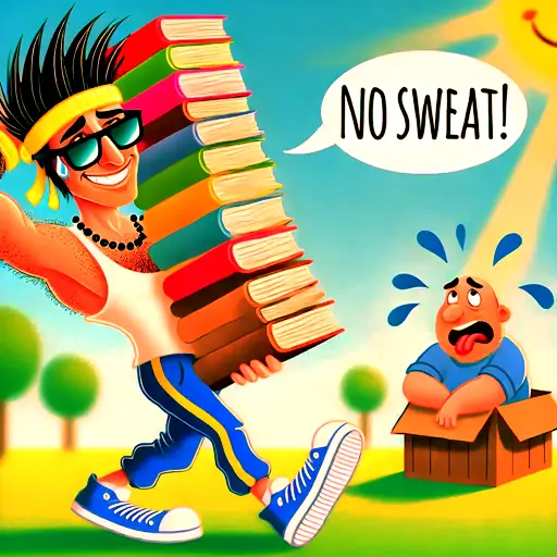 Cartoon of a confident person carrying books with ease, saying 'No Sweat,' while another struggles in a sunny park.