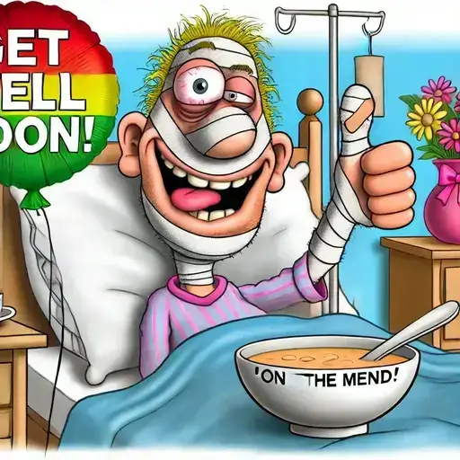 Comical cartoon of a cheerful person in bed with bandages, thumbs-up, soup, and flowers, humorously showing they’re 'on the mend.