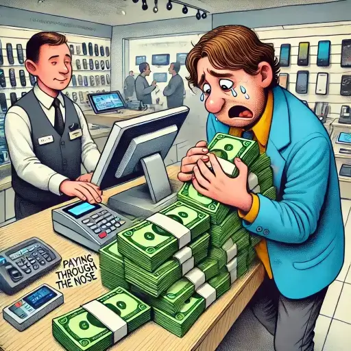 Illustration of a distressed man holding stacks of money at a phone store, symbolizing the idiom 'paying through the nose' as he overpays for an expensive purchase. This image represents high costs in the context of Financial English.