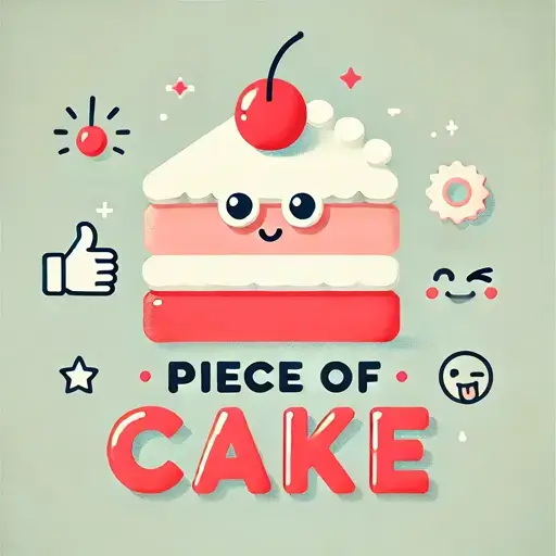 Comical illustration of a cake slice with a smiling cherry, playful icons, and 'Piece of Cake' text, symbolizing something easy to do.