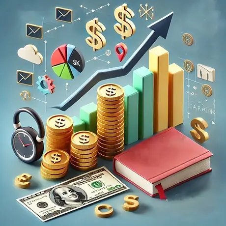 20 Essential finance terms for beginners with icons of coins, graphs, and currency.