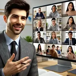 Young male teacher leading an engaging online English lesson with diverse, attentive students in a virtual classroom setting.